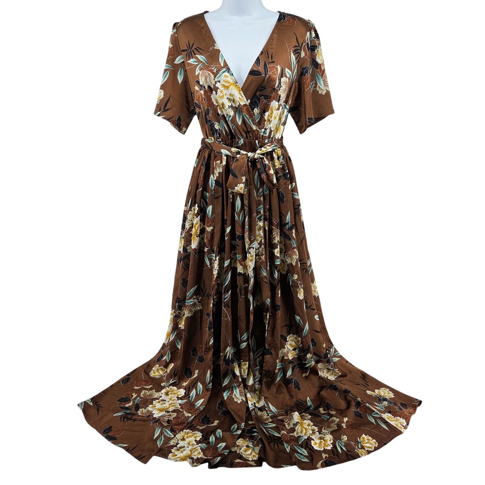 Baltic Born Sicily Satin Maxi Dress L Mocha Brown Floral - Picture 2 of 10